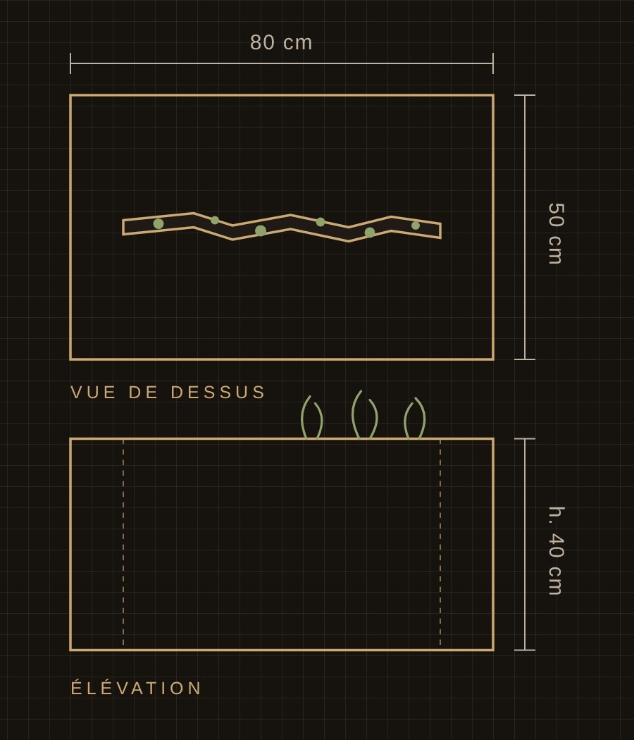 Croquis de la table basse Faille en corten, 80 × 50 cm, vue de dessus et de face